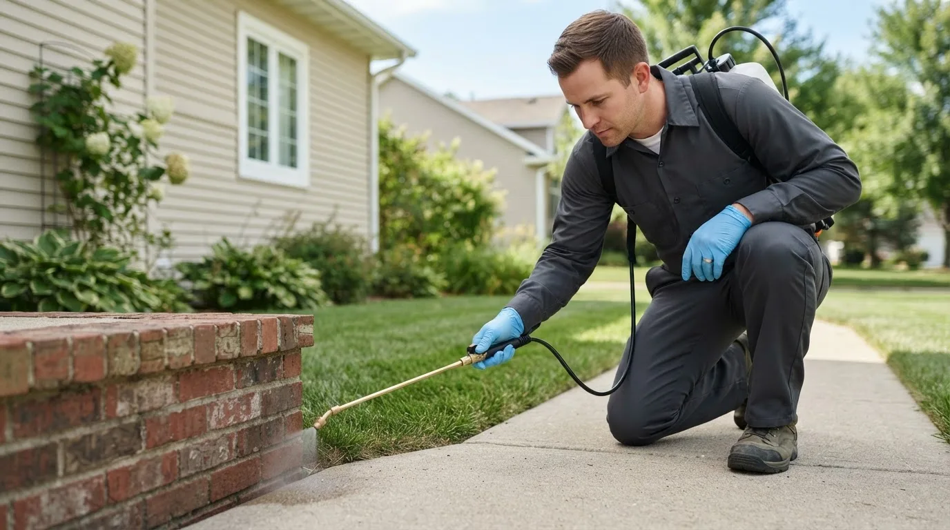 Pest control technician treating a home near North Freedom, WI