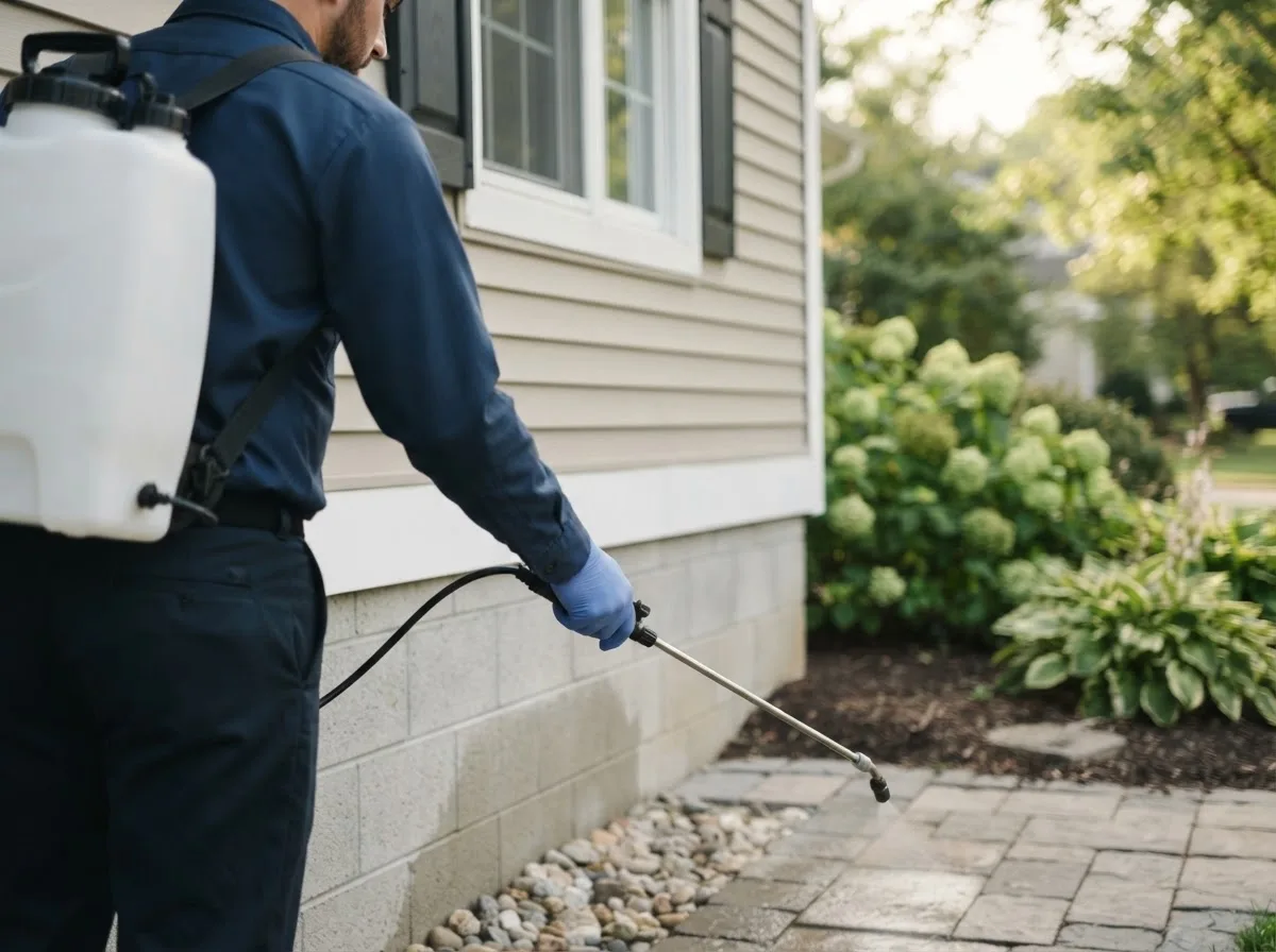Pest control technician inspecting a home in North Freedom, WI